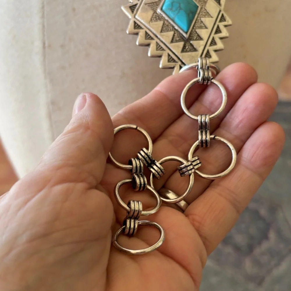 Aztec style silver tone belt
